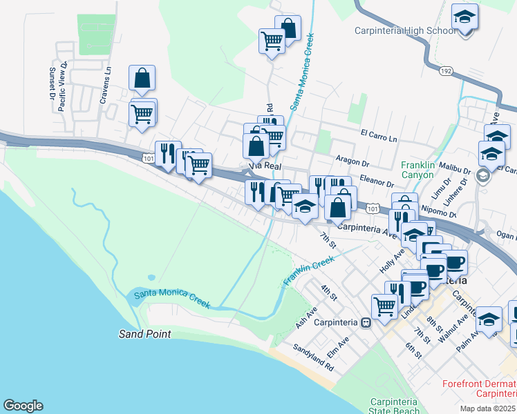 map of restaurants, bars, coffee shops, grocery stores, and more near 4400 Carpinteria Avenue in Carpinteria