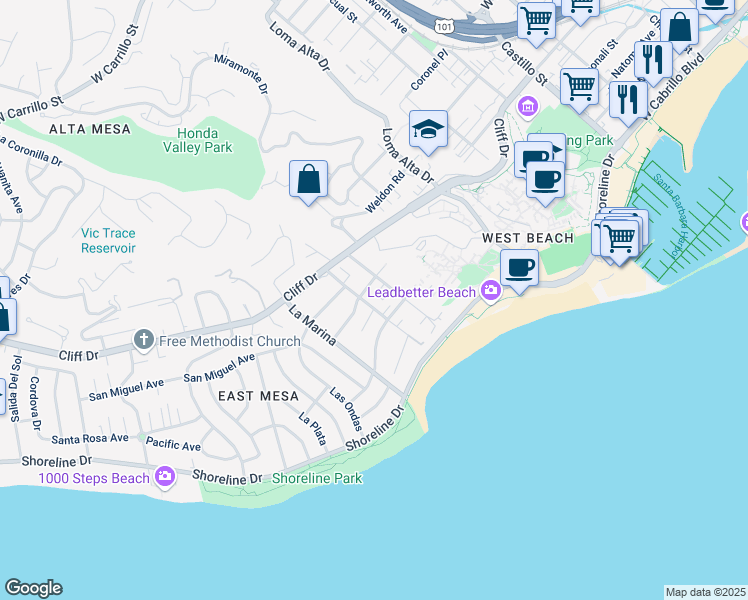 map of restaurants, bars, coffee shops, grocery stores, and more near 220 Barranca Avenue in Santa Barbara