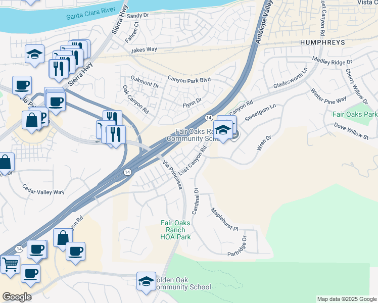 map of restaurants, bars, coffee shops, grocery stores, and more near 17953 Lost Canyon Road in Los Angeles County