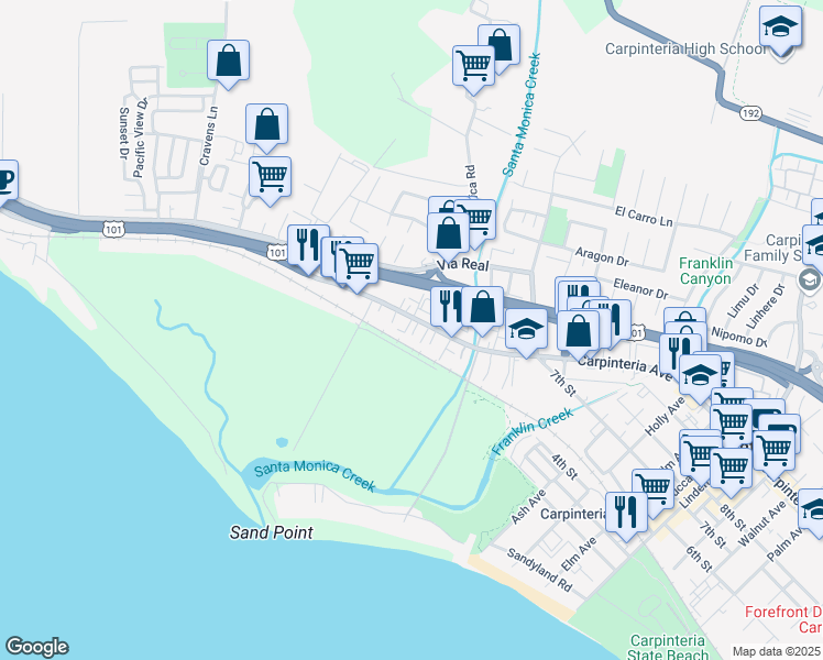 map of restaurants, bars, coffee shops, grocery stores, and more near 4297 Carpinteria Avenue in Carpinteria