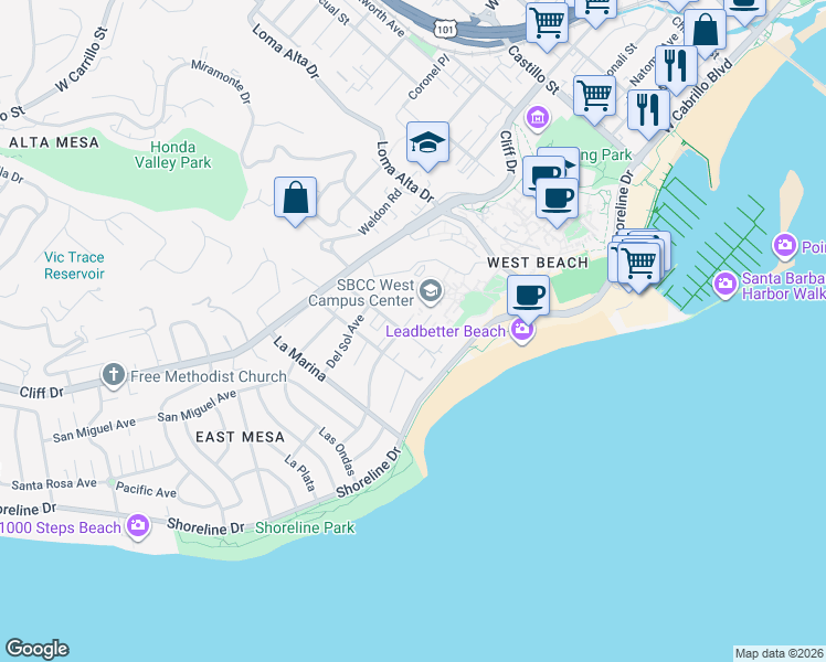 map of restaurants, bars, coffee shops, grocery stores, and more near 124 Oceano Avenue in Santa Barbara