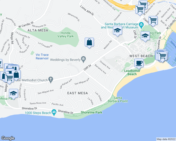 map of restaurants, bars, coffee shops, grocery stores, and more near 1123 Cliff Drive in Santa Barbara