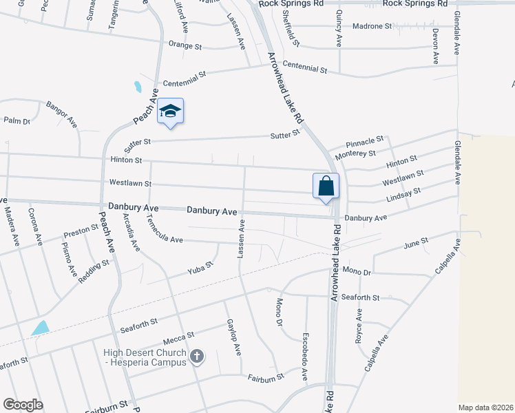 map of restaurants, bars, coffee shops, grocery stores, and more near 18724 Danbury Avenue in Hesperia
