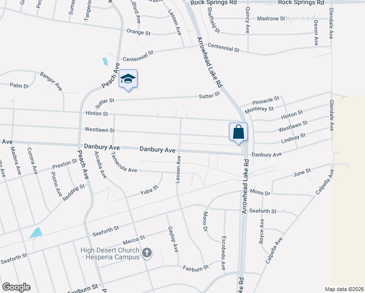 map of restaurants, bars, coffee shops, grocery stores, and more near 8351 Lassen Avenue in Hesperia