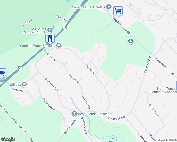 map of restaurants, bars, coffee shops, grocery stores, and more near 506 Azalea Drive in Hampstead