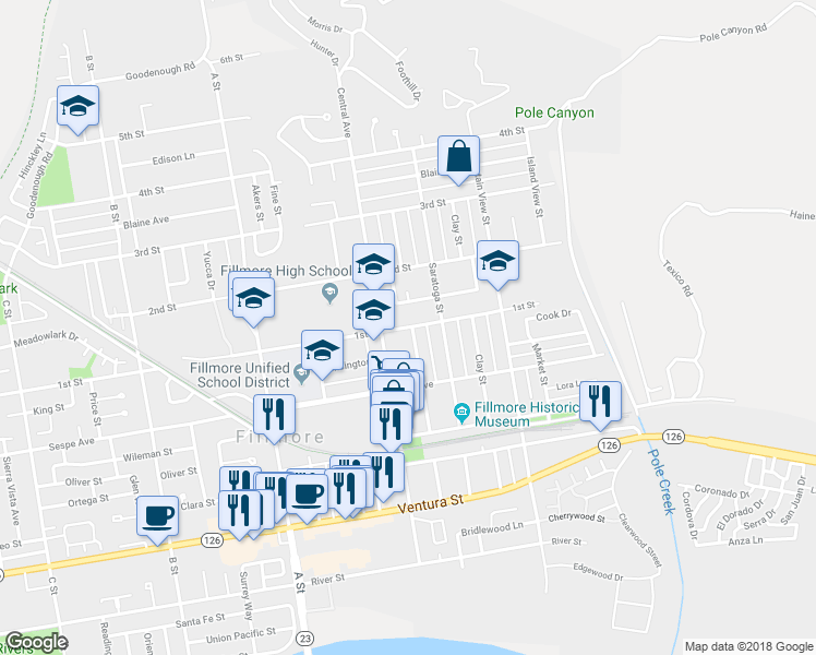 map of restaurants, bars, coffee shops, grocery stores, and more near 446 1st Street in Fillmore