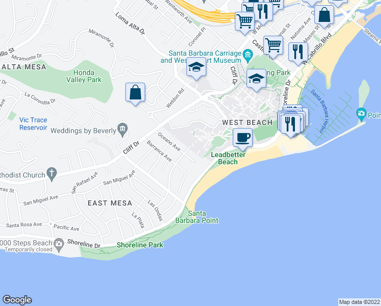 map of restaurants, bars, coffee shops, grocery stores, and more near 123 Oceano Avenue in Santa Barbara