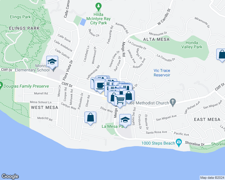 map of restaurants, bars, coffee shops, grocery stores, and more near 1915 Red Rose Way in Santa Barbara