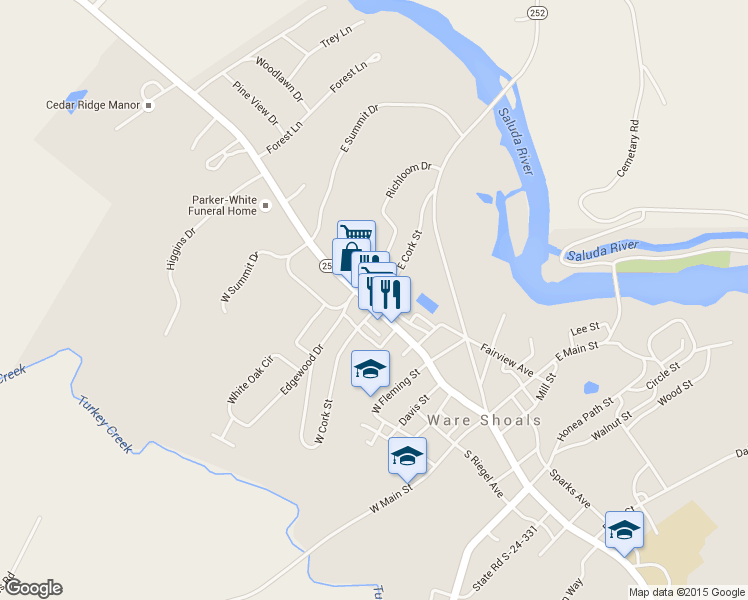 map of restaurants, bars, coffee shops, grocery stores, and more near 726 North Greenwood Avenue Extension in Ware Shoals