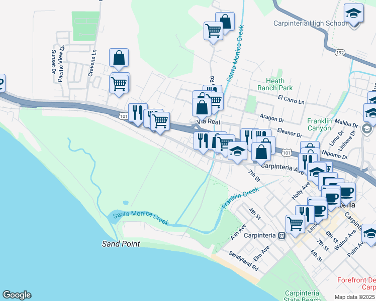map of restaurants, bars, coffee shops, grocery stores, and more near 4311 Carpinteria Avenue in Carpinteria