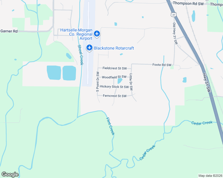 map of restaurants, bars, coffee shops, grocery stores, and more near 400 Hickory Stick Street Southwest in Hartselle