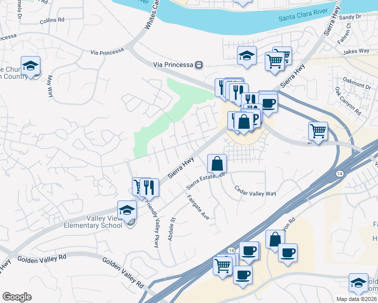 map of restaurants, bars, coffee shops, grocery stores, and more near in Santa Clarita