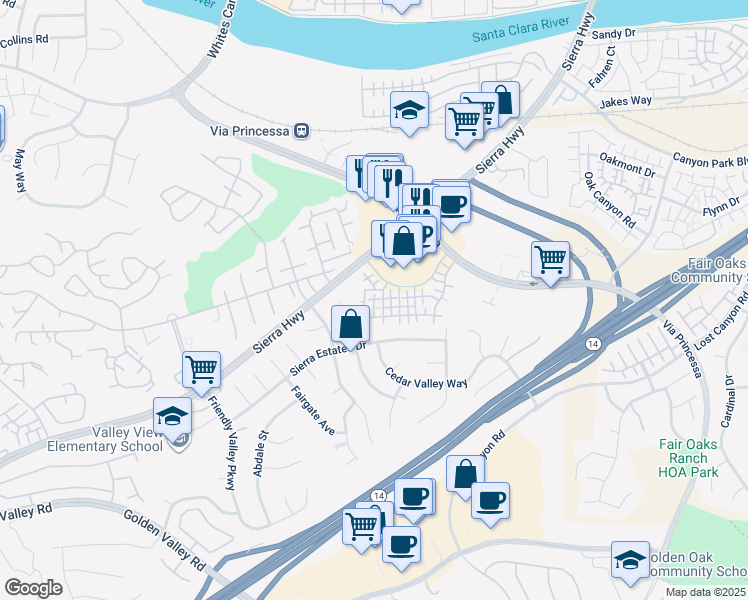 map of restaurants, bars, coffee shops, grocery stores, and more near 18844 Vista Del Canon in Santa Clarita