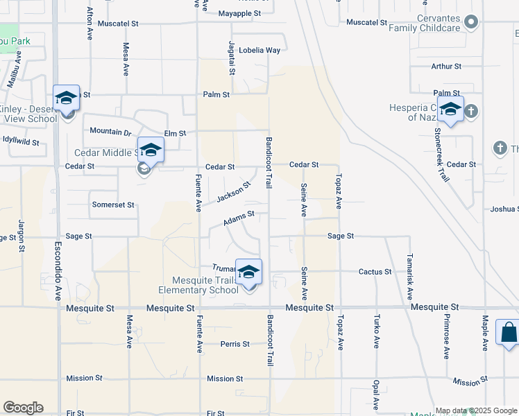 map of restaurants, bars, coffee shops, grocery stores, and more near 8365 Jefferson Court in Hesperia