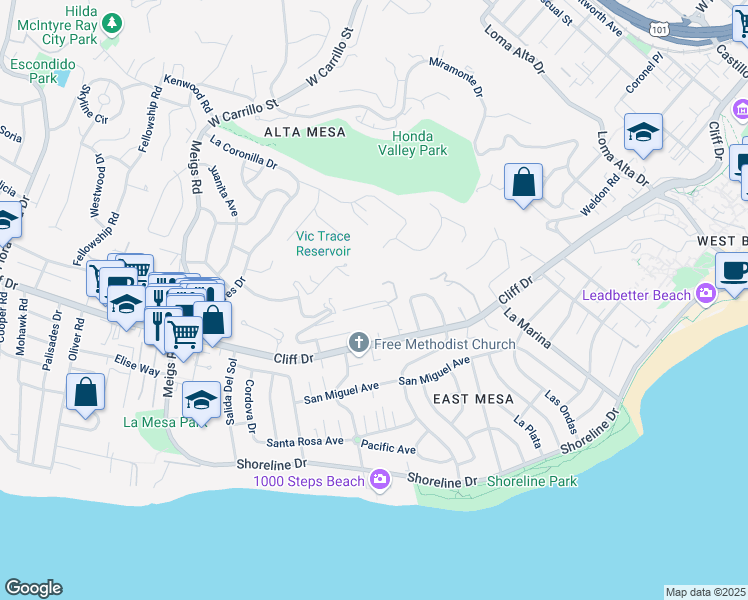 map of restaurants, bars, coffee shops, grocery stores, and more near 1428 Santa Fe Lane in Santa Barbara