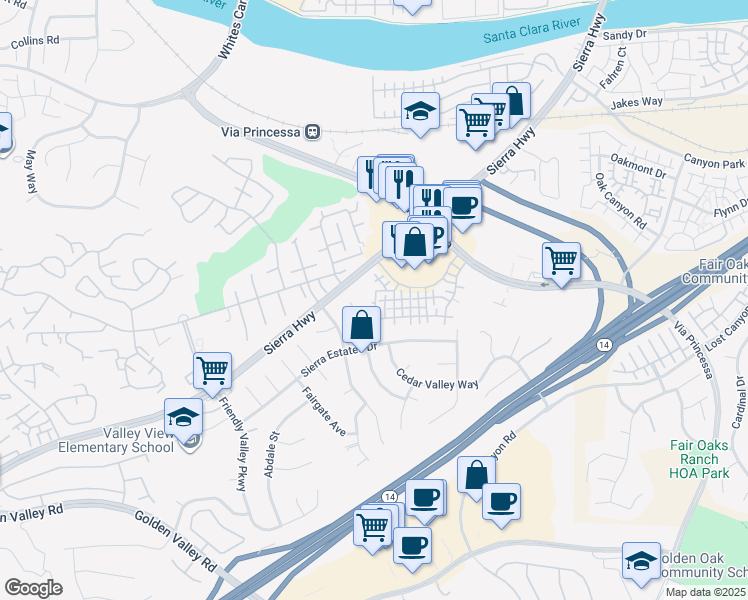 map of restaurants, bars, coffee shops, grocery stores, and more near 18850 Vista Del Canon in Santa Clarita