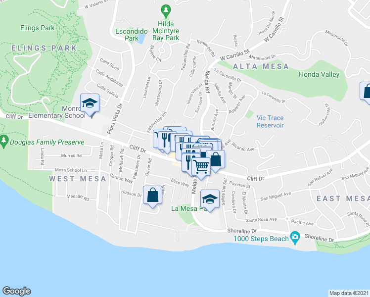 map of restaurants, bars, coffee shops, grocery stores, and more near 1935 Red Rose Way in Santa Barbara