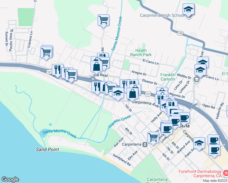 map of restaurants, bars, coffee shops, grocery stores, and more near 1068 Cramer Road in Carpinteria