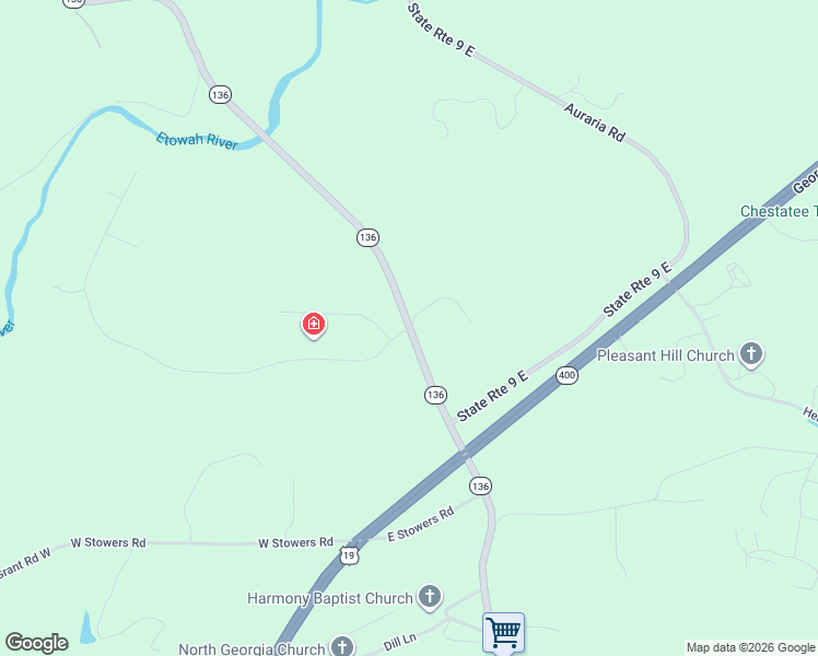 map of restaurants, bars, coffee shops, grocery stores, and more near 5869 Highway 136 in Dawsonville