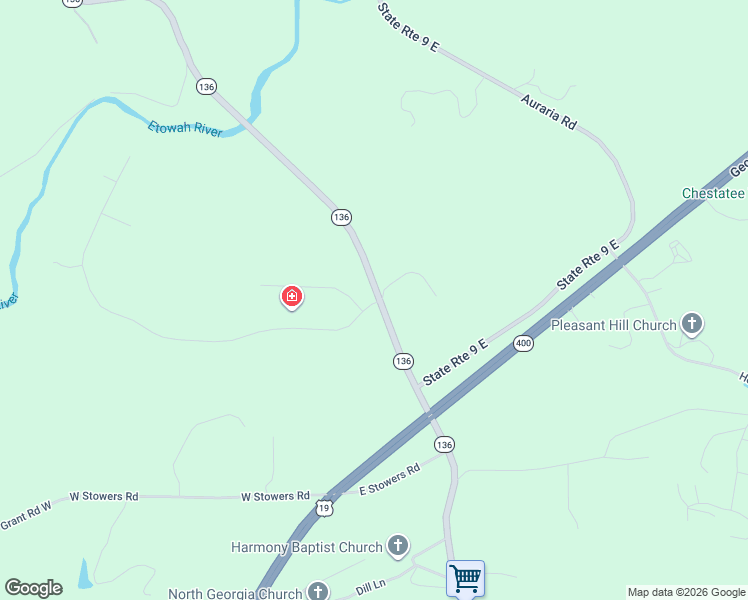 map of restaurants, bars, coffee shops, grocery stores, and more near 34 Spring Place in Dawsonville