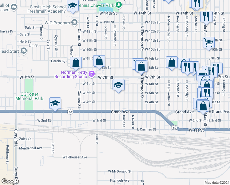map of restaurants, bars, coffee shops, grocery stores, and more near 900 Edwards Street in Clovis