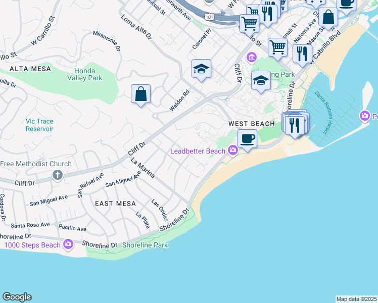 map of restaurants, bars, coffee shops, grocery stores, and more near 204 Oceano Avenue in Santa Barbara