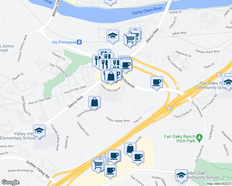 map of restaurants, bars, coffee shops, grocery stores, and more near 18722 Vista Del Canon in Santa Clarita