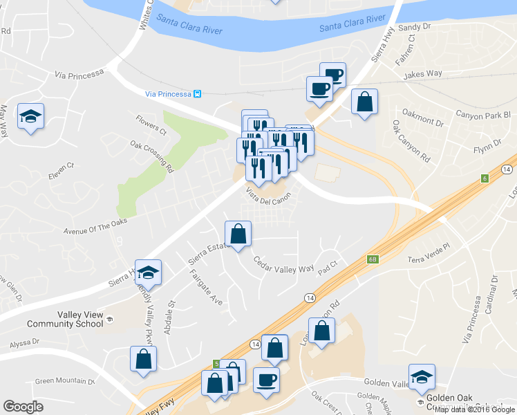 map of restaurants, bars, coffee shops, grocery stores, and more near 18812 Vista Del Canon in Santa Clarita