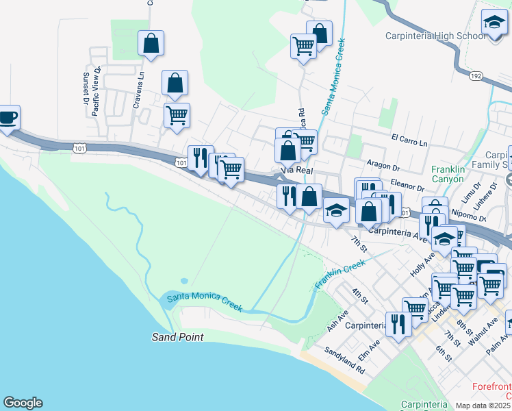 map of restaurants, bars, coffee shops, grocery stores, and more near 4297 Carpinteria Avenue in Carpinteria