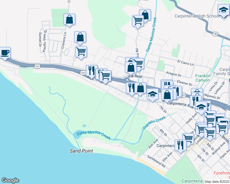 map of restaurants, bars, coffee shops, grocery stores, and more near 4297 Carpinteria Avenue in Carpinteria