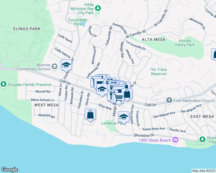 map of restaurants, bars, coffee shops, grocery stores, and more near 2018 Cliff Drive in Santa Barbara