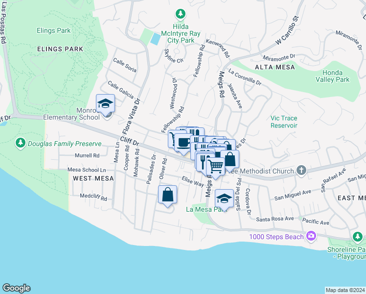 map of restaurants, bars, coffee shops, grocery stores, and more near 2018 Cliff Drive in Santa Barbara