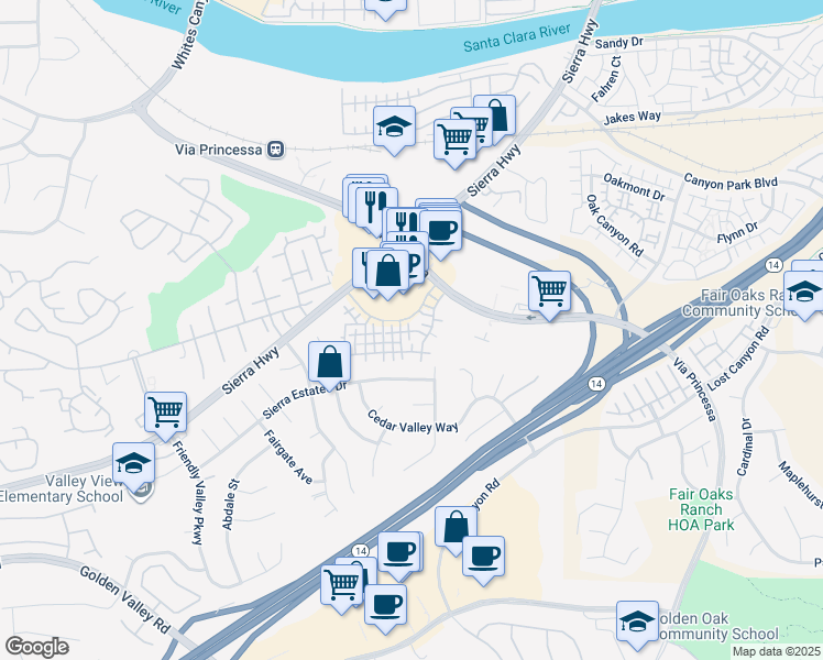 map of restaurants, bars, coffee shops, grocery stores, and more near 18732 Vista Del Canon in Santa Clarita