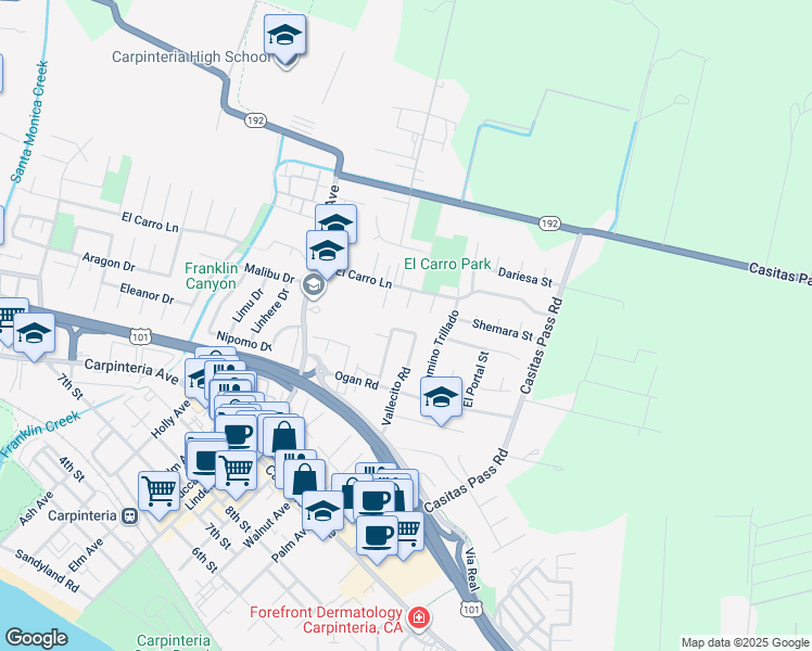 map of restaurants, bars, coffee shops, grocery stores, and more near 1389 Vallecito Place in Carpinteria