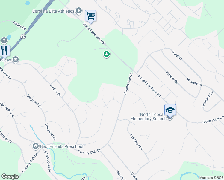 map of restaurants, bars, coffee shops, grocery stores, and more near 3041 Country Club Drive in Hampstead