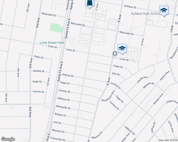 map of restaurants, bars, coffee shops, grocery stores, and more near 16635 Elm Street in Hesperia