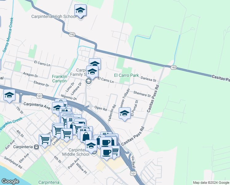 map of restaurants, bars, coffee shops, grocery stores, and more near 1389 Vallecito Place in Carpinteria