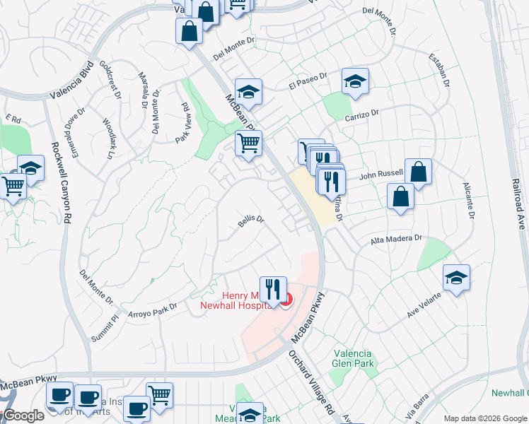 map of restaurants, bars, coffee shops, grocery stores, and more near 26008 Lucerne Court in Santa Clarita