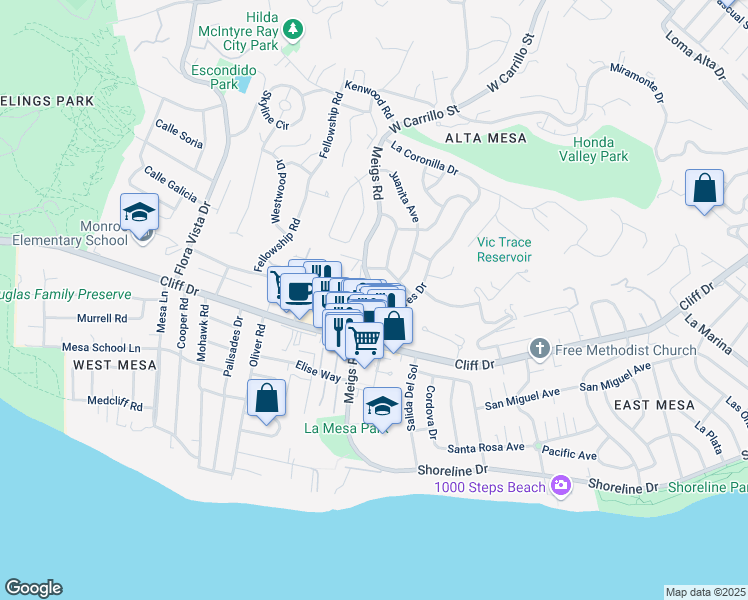 map of restaurants, bars, coffee shops, grocery stores, and more near Meigs Rd & Dolores Dr in Santa Barbara