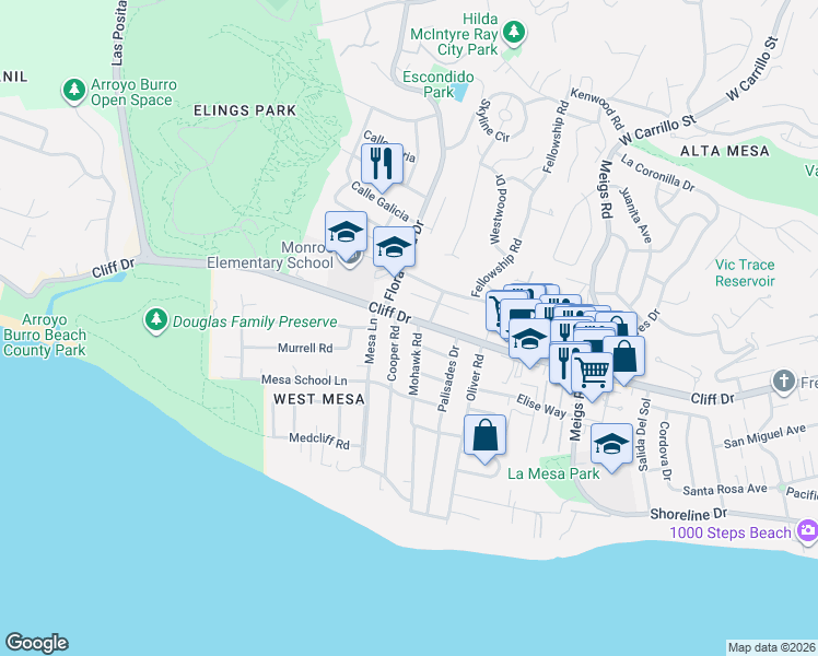 map of restaurants, bars, coffee shops, grocery stores, and more near 2315 Cliff Drive in Santa Barbara