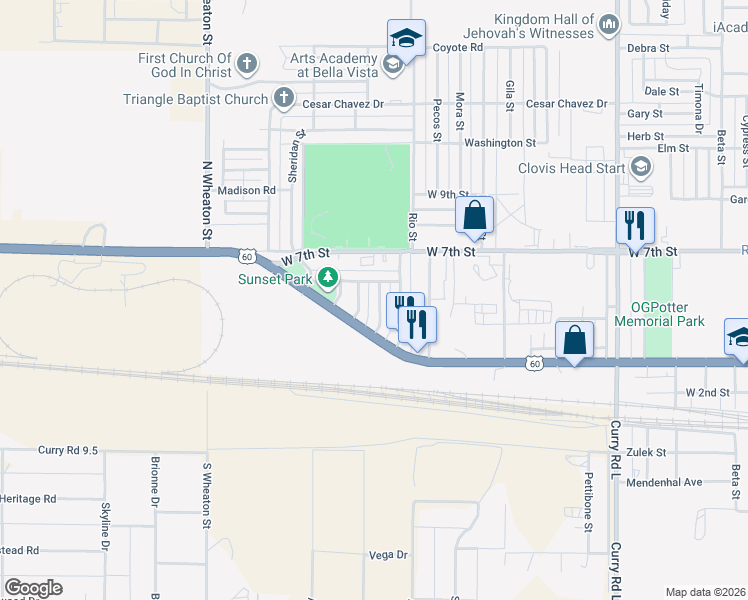 map of restaurants, bars, coffee shops, grocery stores, and more near 212 Martin Ave in Clovis