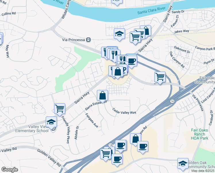 map of restaurants, bars, coffee shops, grocery stores, and more near 18846 Vista Del Canon in Santa Clarita