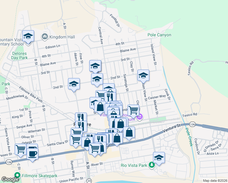 map of restaurants, bars, coffee shops, grocery stores, and more near 510 Central Avenue in Fillmore
