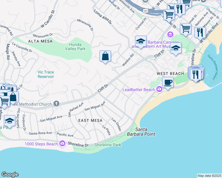 map of restaurants, bars, coffee shops, grocery stores, and more near 1110 Las Olas Avenue in Santa Barbara