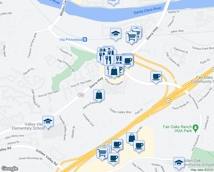 map of restaurants, bars, coffee shops, grocery stores, and more near 18854 Vista Del Canon in Santa Clarita