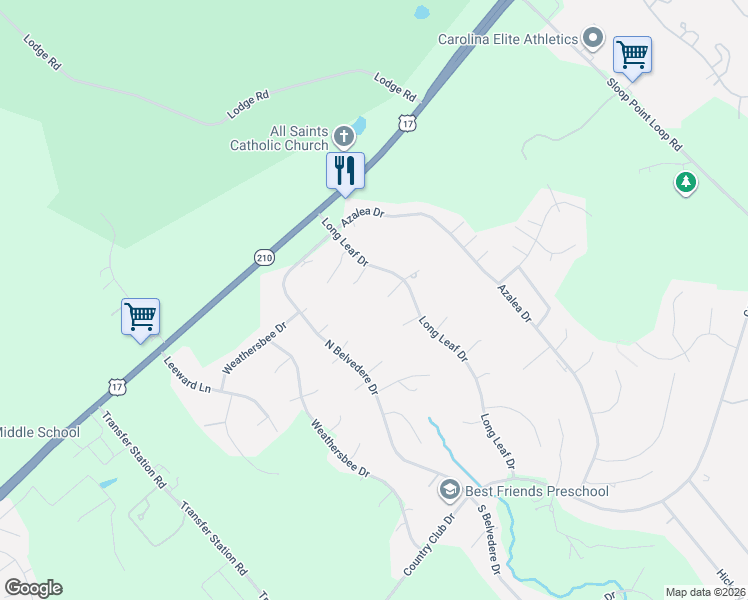 map of restaurants, bars, coffee shops, grocery stores, and more near 102 Par Court in Hampstead