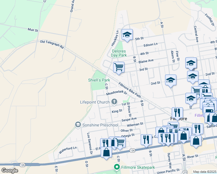 map of restaurants, bars, coffee shops, grocery stores, and more near 568 Finch Court in Fillmore