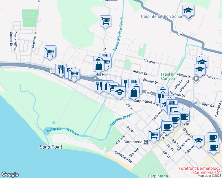 map of restaurants, bars, coffee shops, grocery stores, and more near 1048 Cramer Road in Carpinteria