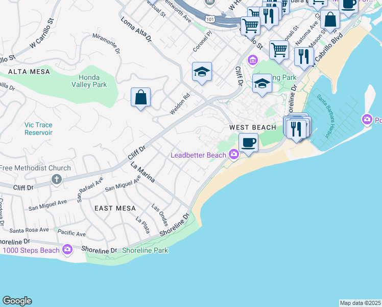 map of restaurants, bars, coffee shops, grocery stores, and more near 123 Oceano Avenue in Santa Barbara