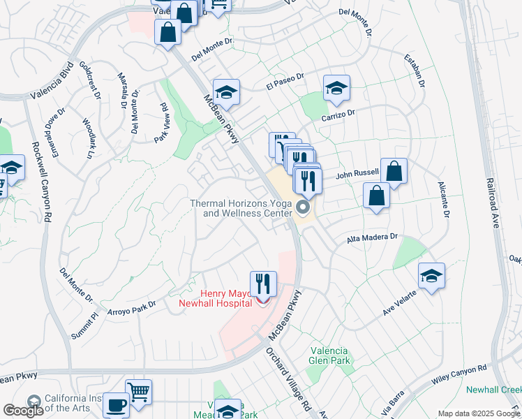 map of restaurants, bars, coffee shops, grocery stores, and more near 25873 McBean Parkway in Santa Clarita